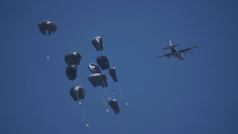 Air drops land over Gaza City on Sunday. Pic: AP