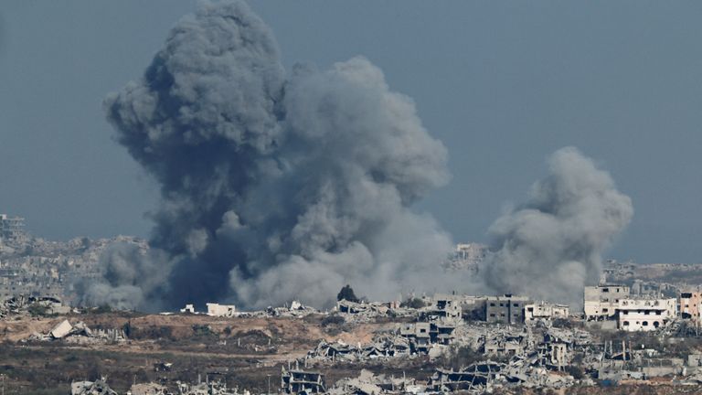Smoke rises in Gaza after an explosion, as seen from the Israeli side of the Israel-Gaza border.
Pic: Reuters