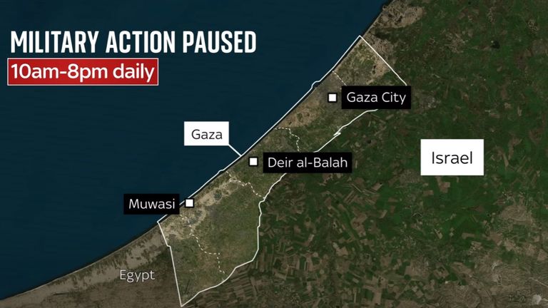 A map showing the three areas of Gaza where military action has been paused