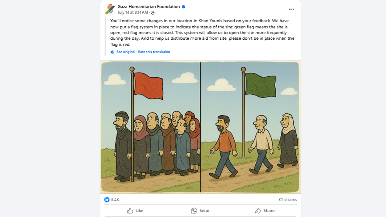 A post by the Gaza Humanitarian Foundation on their Facebook page announcing the new 'flag' system, 14 July. Pic: GHF / Facebook