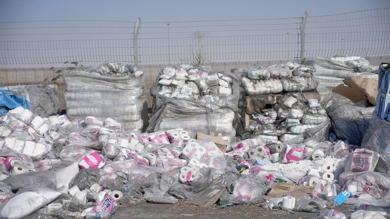 Humanitarian aid packages wait to be picked up on the Palestinian side of the Kerem Shalom crossing in the Gaza Strip.
Pic: AP