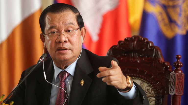 Hun Sen speaks at a press conference at the National Assembly after a vote to confirm his son, Hun Manet, as Cambodia's prime minister in Ph