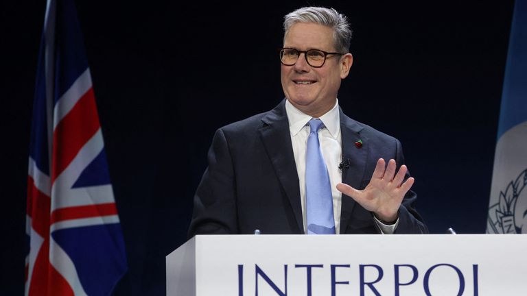 Sir Keir Starmer speaking at the Interpol general assembly last year. Pic: PA