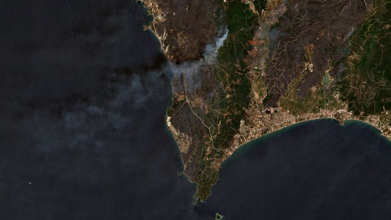 A satellite image shows smoke rising due to a fire at the Western Izmir Province, Turkey, June 30, 2025. Pic: Reuters