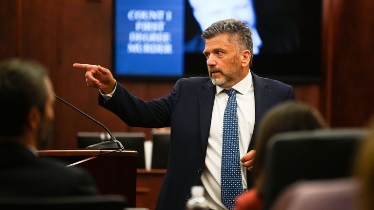 Ryan Brackley, a lawyer for the prosecution, delivers his opening arguments during the murder trial for James Craig, accused of killing his wife, at the Arapahoe District Court, Tuesday, July 15, 2025, in Centennial, Colo. (Stephen Swofford via Denver Gazette, Pool)