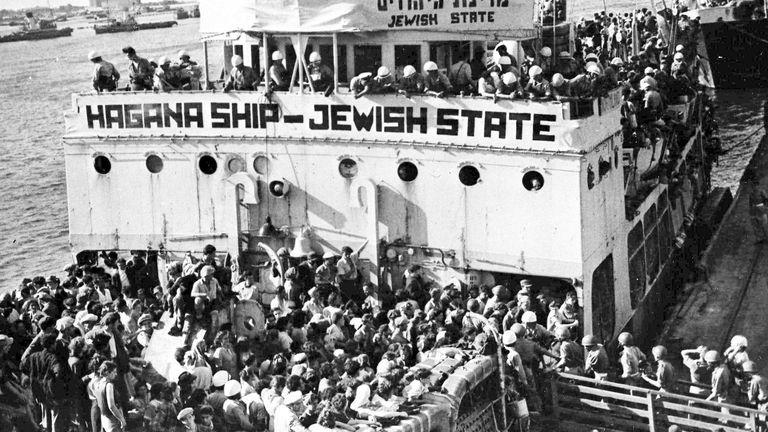 British soldiers board the illegal immigrant ship Jewish State at Haifa Harbour, Palestine, in 1947. Pic: AP