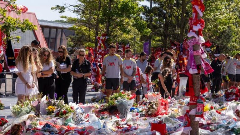 Jota's wife joined Liverpool players to view tributes at Anfield on Friday. Pic: Liverpool FC