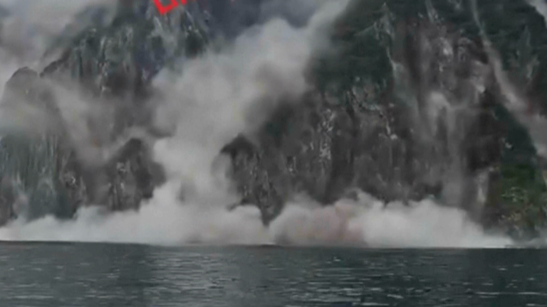 Massive rockfalls tumbled down the bay's cliffs in Kamchatka following a powerful earthquake.