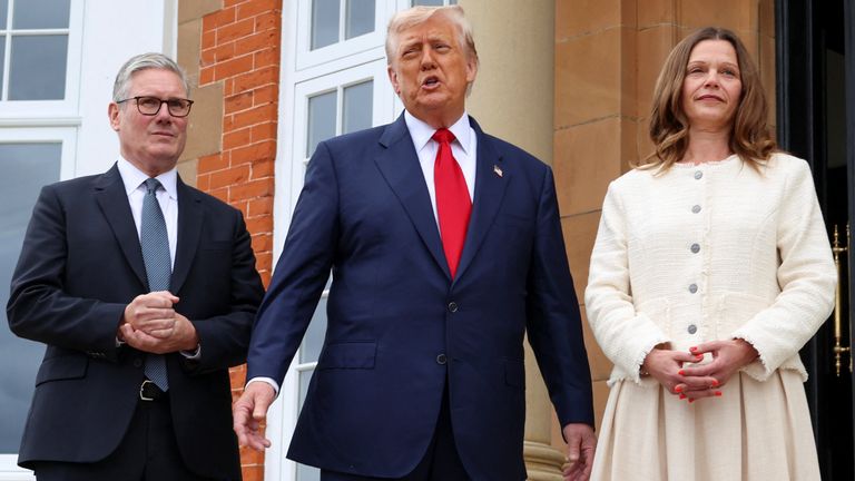 U.S. President Donald Trump meets British Prime Minister Keir Starmer and his wife Victoria Starmer, on the day of a bilateral meeting at Tr