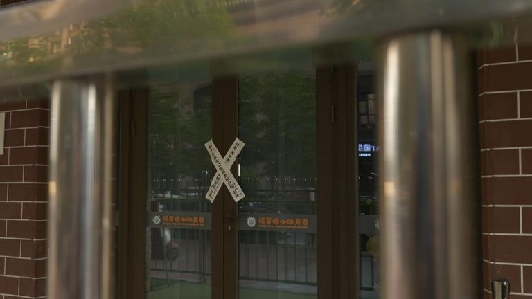 Taped up entrance to kindergarten