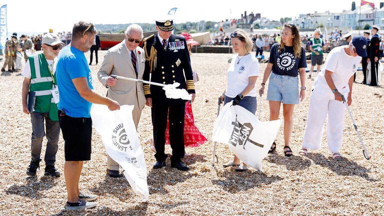 King Charles meets volunteers taking part in a community beach clean-up initiative along the coastline in Deal.
Pic: PA