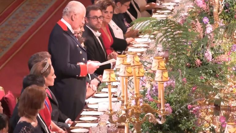 King Charles speaking at state banquet welcoming Macron.