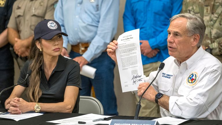 Homeland Security Secretary Kristi Noem and Texas Gov. Greg Abbott give a briefing on the flash floods in Texas. Pic: AP