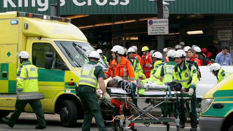 A casualty is taken away on a stretcher after a series of explosions in the London Underground. File pic: Reuters