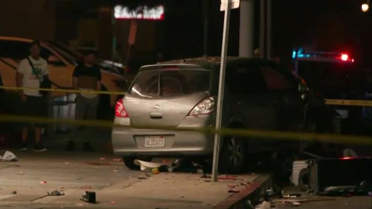 A vehicle which is said to have hit a crowd of people waiting to enter a nightclub on Santa Monica Boulevard in Los Angeles. Pic: AP