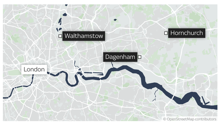Map showing Hornchurch, Dagenham and Walthamstow