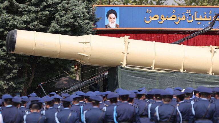 An Iranian missile is seen during the National Army Day parade ceremony in Tehran