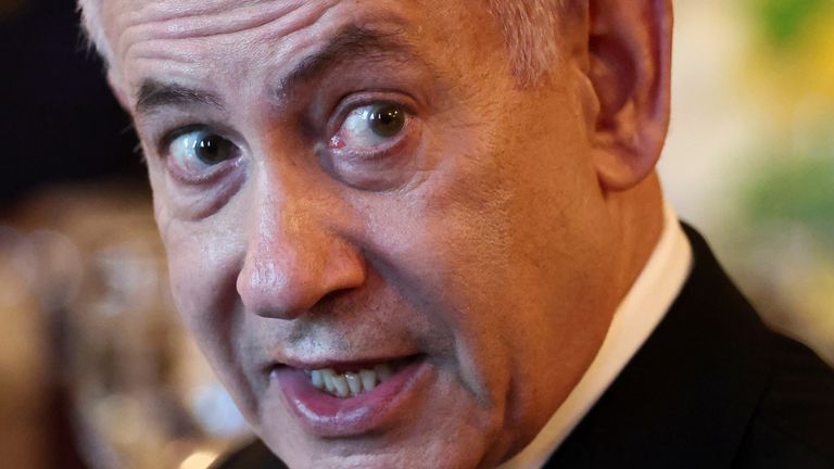 Benjamin Netanyahu speaks during a bilateral dinner with Donald Trump this week.
Pic: Reuters