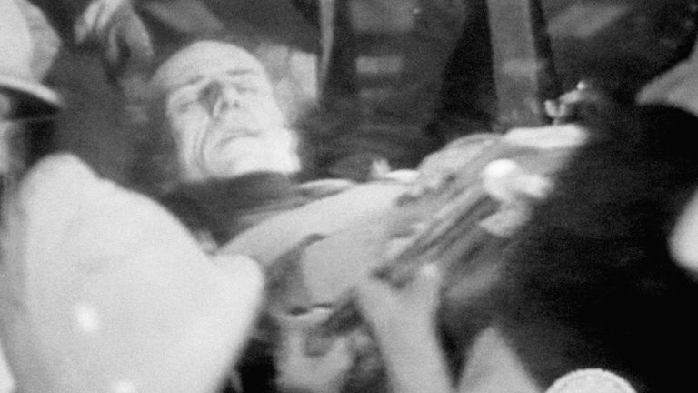 Tebbit being pulled from the rubble of the Grand Hotel, Brighton, after he was trapped for four hours following the IR Pic: BBC News TV / PA