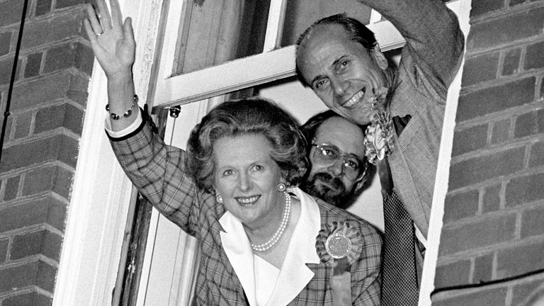 Prime Minister Margaret Thatcher and party chairman Norman Tebbit.
Pic: PA
