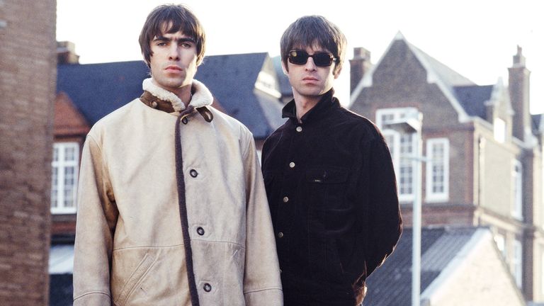 Oasis stars Liam and Noel Gallagher during a break from the Wonderwall video shoot September 1995. Pic: Jill Furmanovsky