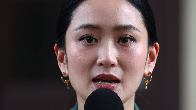 Thailand's Prime Minister Paetongtarn Shinawatra speaks after Thailand's Constitutional Court suspended her from duty pending a case seeking