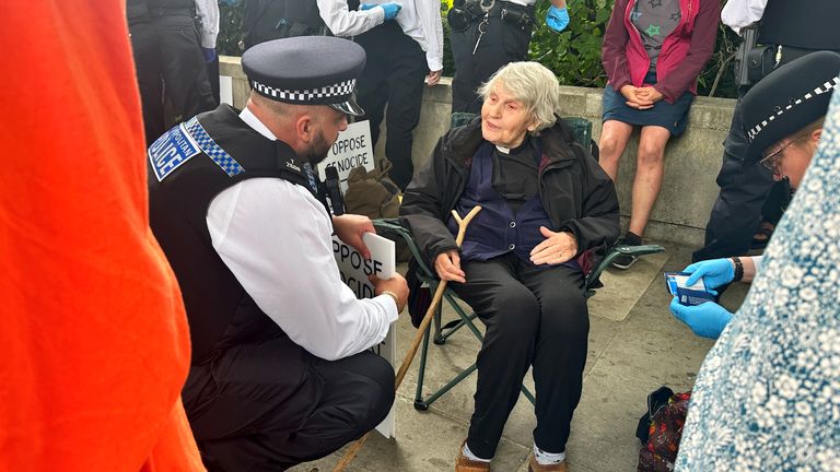83-year-old Reverend Sue Parfitt talks to police at the protest in Parliament Square, London