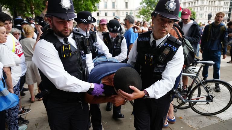 Met Police officers remove people from a protest in support of Palestine Action, organised by the Defend Our Juries group. Pic: PA