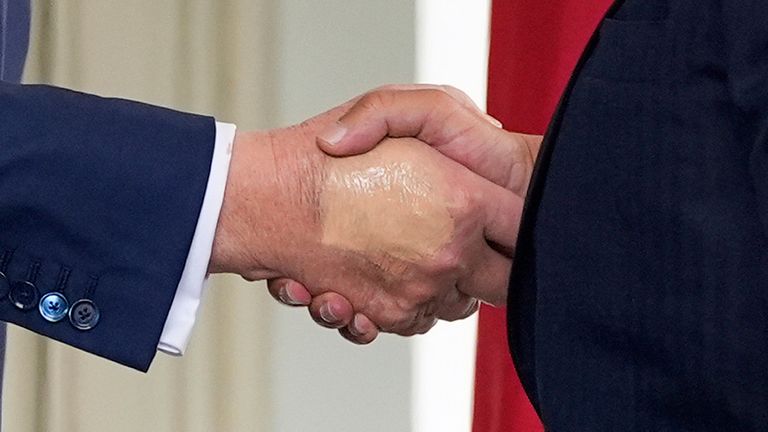 Plik - Prezydent Donald Trump, po lewej, wita koronny książę Bahraina Salman bin Hamad Al Khalifa w Białym Domu, 16 lipca 2025 r. W Waszyngtonie. (AP Photo/Alex Brandon, plik)