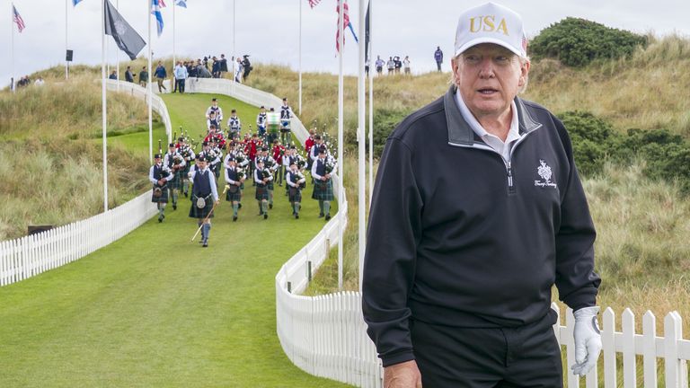 US President Donald Trump, walks onto the first tee for the official opening of the New Course, the second championship course at Trump Inte