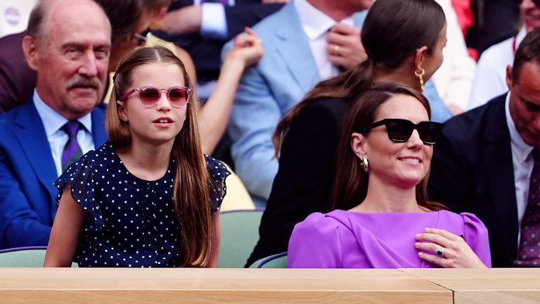 The Princess of Wales and Princess Charlotte in the royal box on day fourteen of the 2024 Wimbledon Championships at the All England Lawn Te