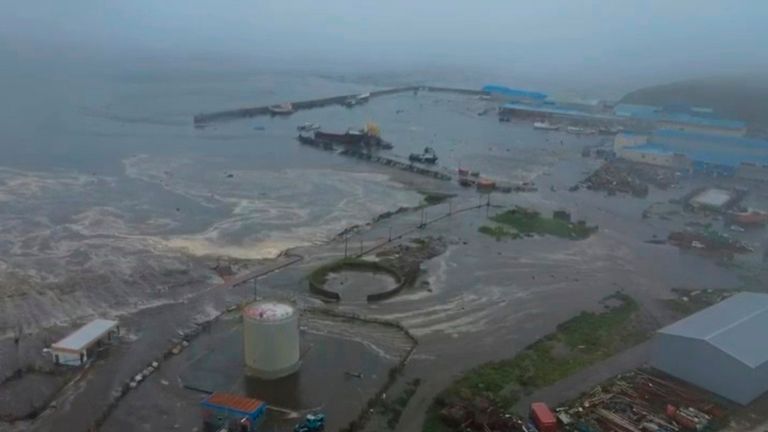 This image taken from a video released by Geophysical Service of the Russian Academy of Sciences, shows the aftermath of tsunami hitting the coastal area of Severo-Kurilsk at Paramushir island of Kuril Islands, Russia, Wednesday, July 30, 2025. (Geophysical Service of the Russian Academy of Sciences via AP)