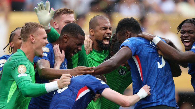 Chelsea goalkeeper Robert Sanchez, centre, celebrates with his teammates. Pic: Reuters