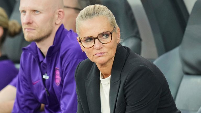 Sarina Wiegman sits on the bench during the Women's Euro 2025 quarterfinals soccer match between Sweden and England. Pic: AP
