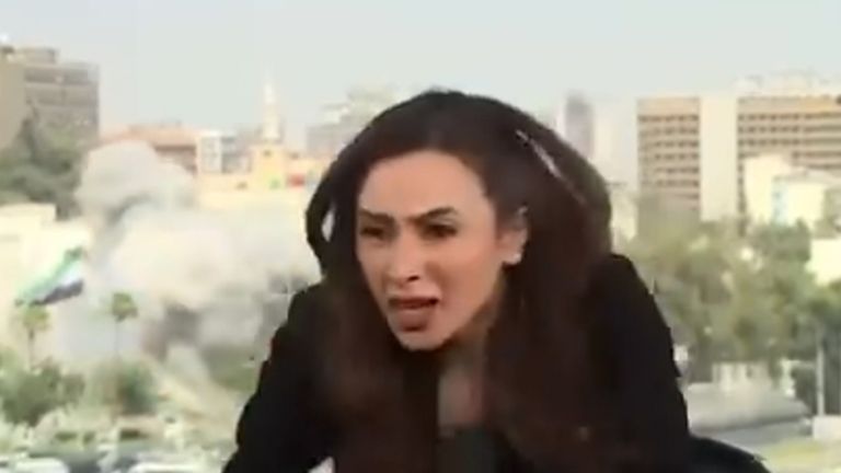 Syrian presenter interrupted by airstrike