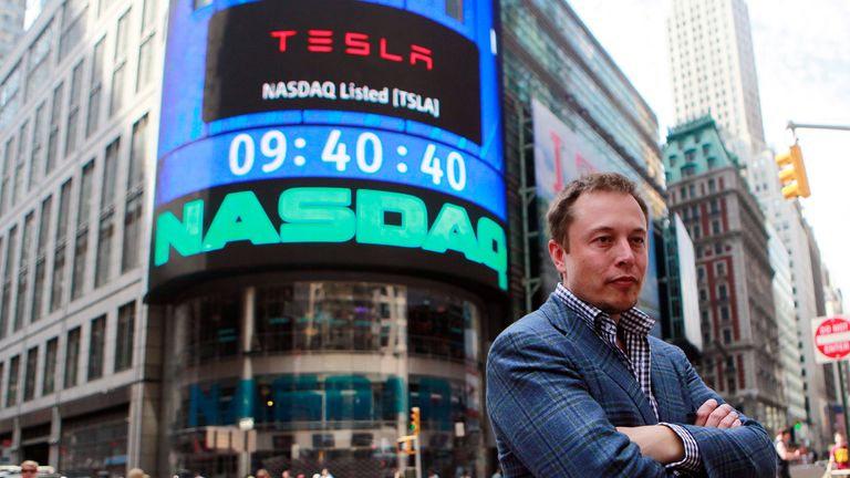 Musk poses after his company's initial public offering at the NASDAQ market in New York on 29 June 2010. Pic: Reuters