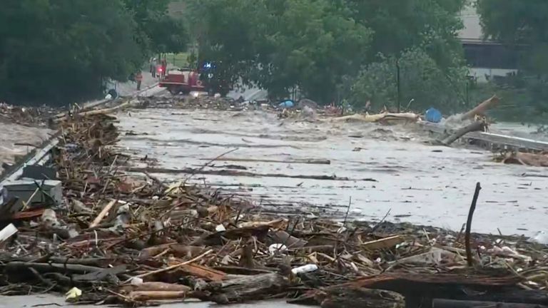 Water rises from severe flooding along the Guadalupe River.in Kerr County, Texas on Friday, July 4, 2025.  (KSAT via AP)  