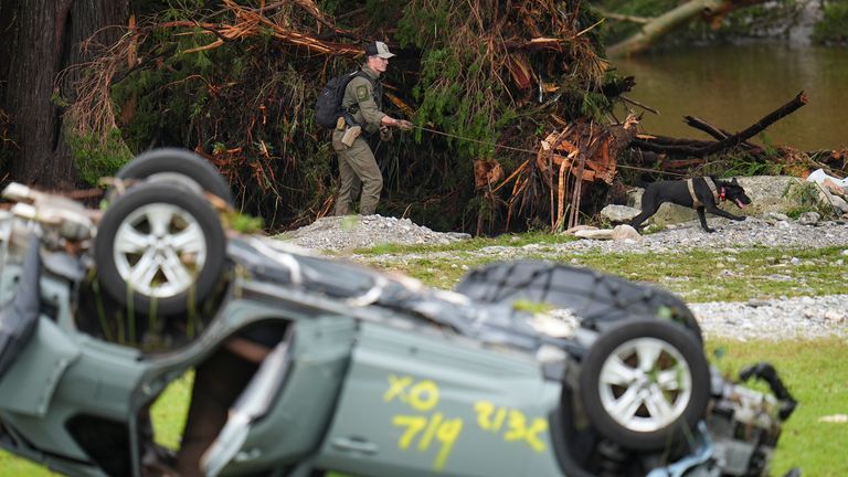 A member of the rescue team and a search dog are scouring the banks of the Guadalupe River for those missing. Pic: AP/Julio Cortez