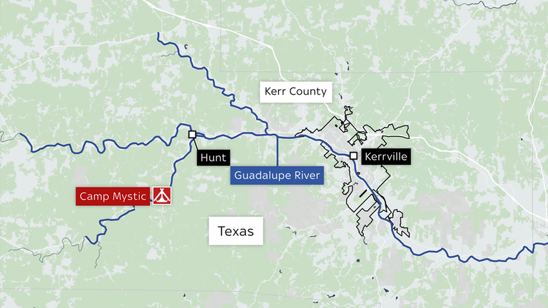 A map of Kerr County, showing Camp Mystic and Kerrville