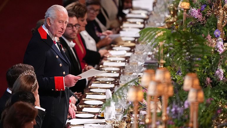The King makes a speech at a banquet at Windsor Castle. Pic: PA