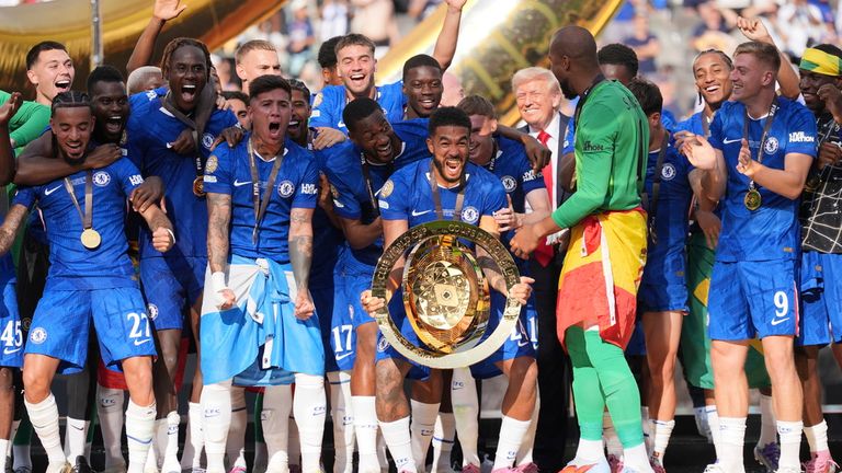 Chelsea players celebrate with Donald Trump. Pic: AP