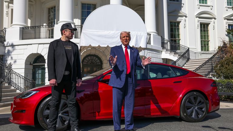 President Trump and Elon Musk in front of a red Model S Tesla in March 2025. Credit: AP
