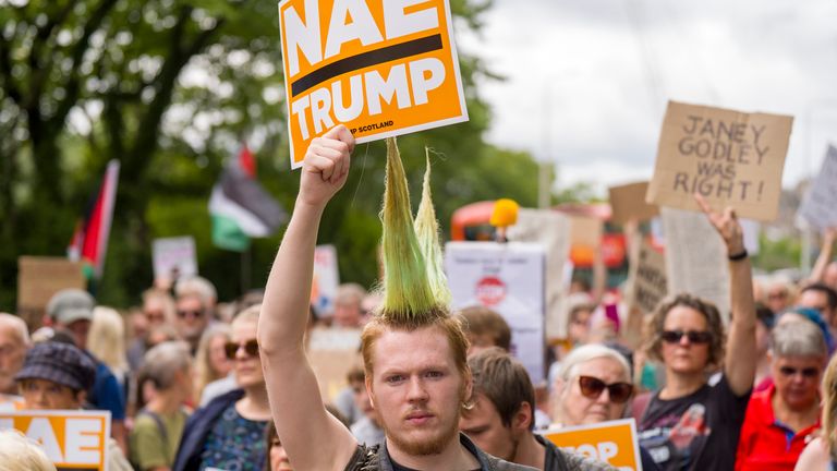 People take part in a Stop Trump Scotland protest outside the US Consulate in Edinburgh, as US President Donald Trump begins his five-day pr