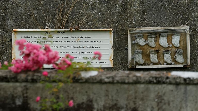A memorial is put up at the Tuam graveyard, where the bodies of 796 babies were uncovered at the site of a former Catholic Church-run Bon Se