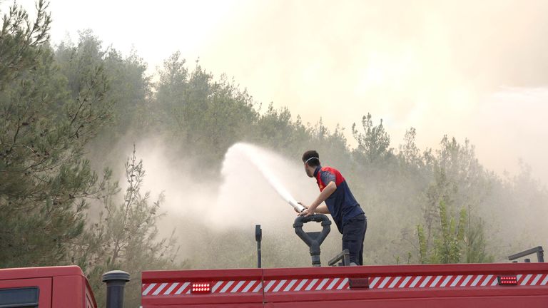 Bir itfaiyeci, Türkiye'nin batı Bilekik eyaletinde Osmaneli yakınlarındaki bir orman yangına yanıt verir. Pic: Dara Senkaya, Reuters