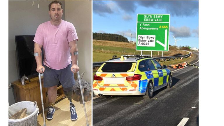 Ieuan Parry had his leg amputated after he was struck by an uninsured driver fleeing police. Pics: Ieuan Parry/MIB