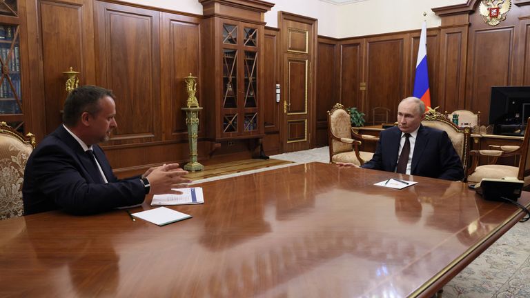 Russian President Vladimir Putin meets Andrei Nikitin on his appointment as acting transport minister, in Moscow, Russia July 7, 2025. Sputn