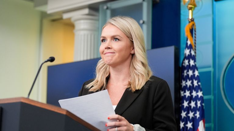 White House press secretary Karoline Leavitt speaks with reporters in the James Brady Press Briefing Room at the White House, Monday, July 7, 2025, in Washington. 