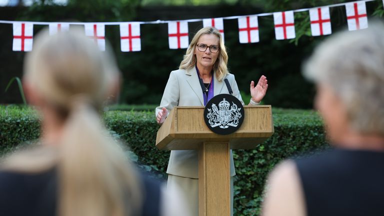 England manager Sarina Wiegman speaks at a reception at No 10 Downing Street, London. Pic: Richard Pohle/The Times/PA Wire 