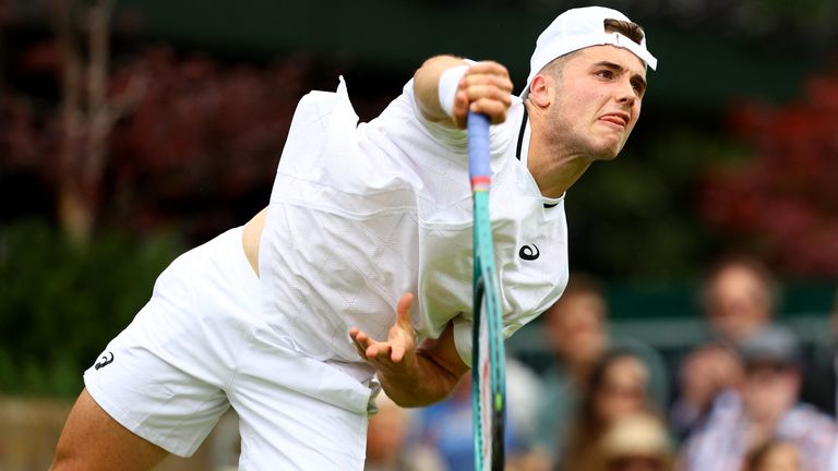 Tennis - Wimbledon - All England Lawn Tennis and Croquet Club, London, Britain - July 1, 2024 Britain's Arthur Fery in action during his fir